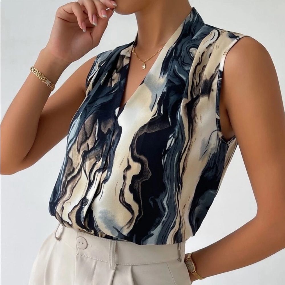 Marble Print Button Sleeveless Top Blouse Shirt - Picture 3 of 4